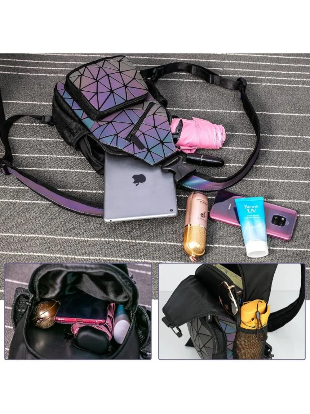 Luminous Holographic Geometric Backpack | Color Changing Reflective Sling Bag